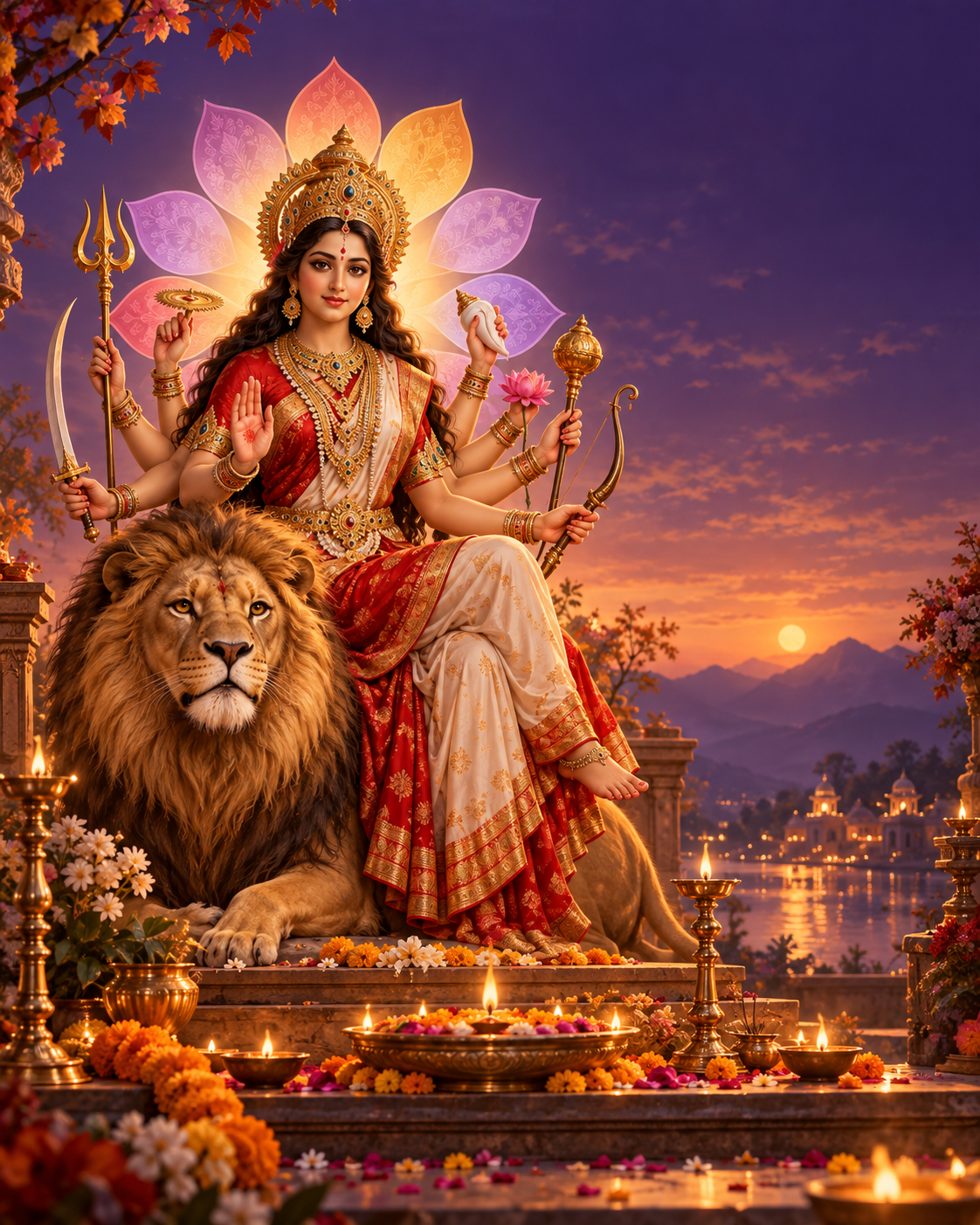 Durga on a lion surrounded by lamps