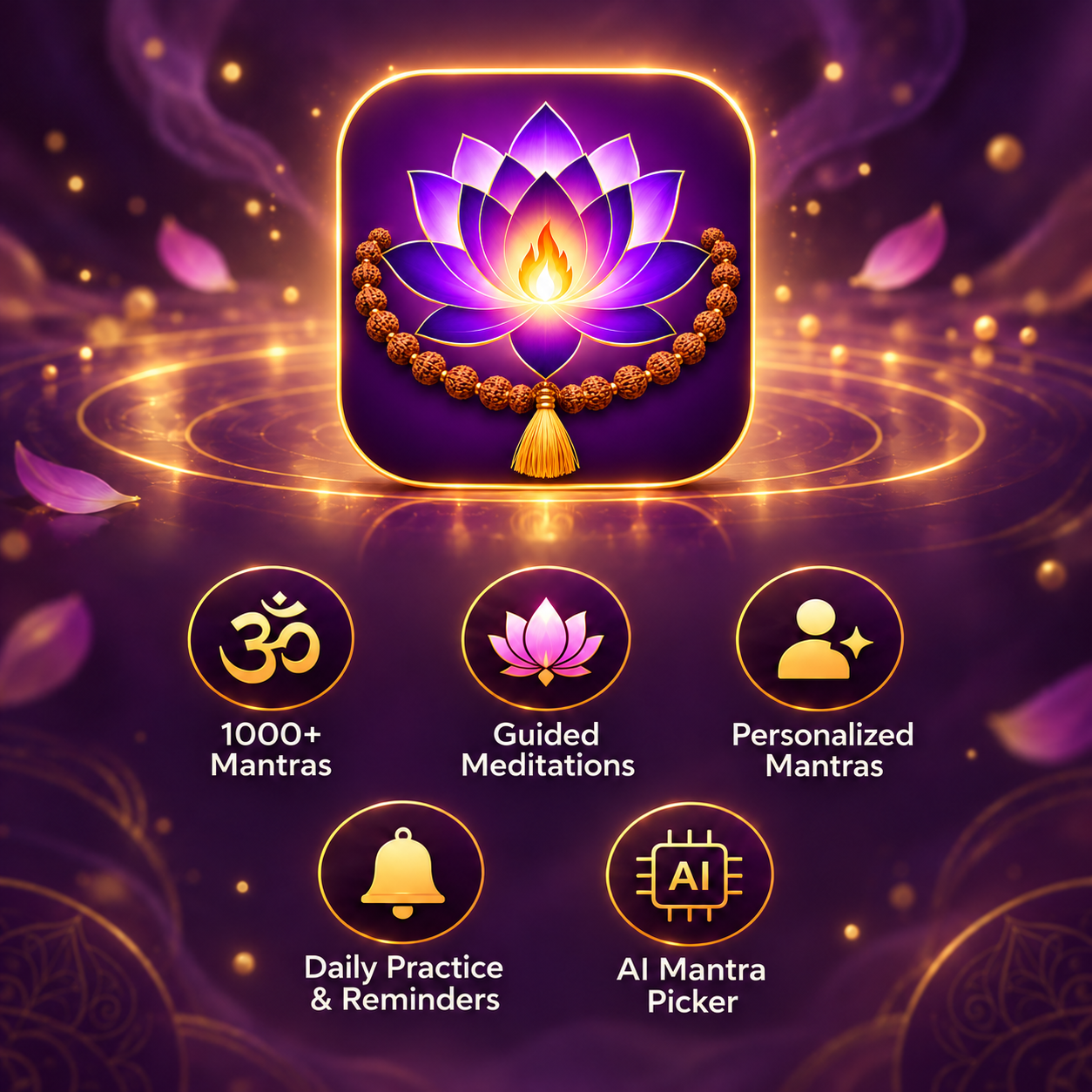 Five app features: 1000+ mantras, guided meditations, personalization, reminders, AI picker