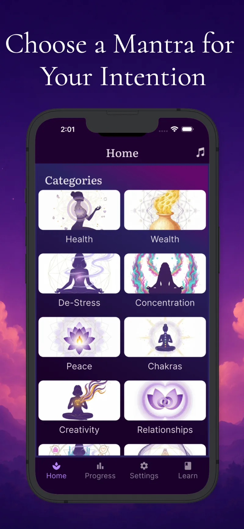 Mantra Yoga home screen showing categories by intention