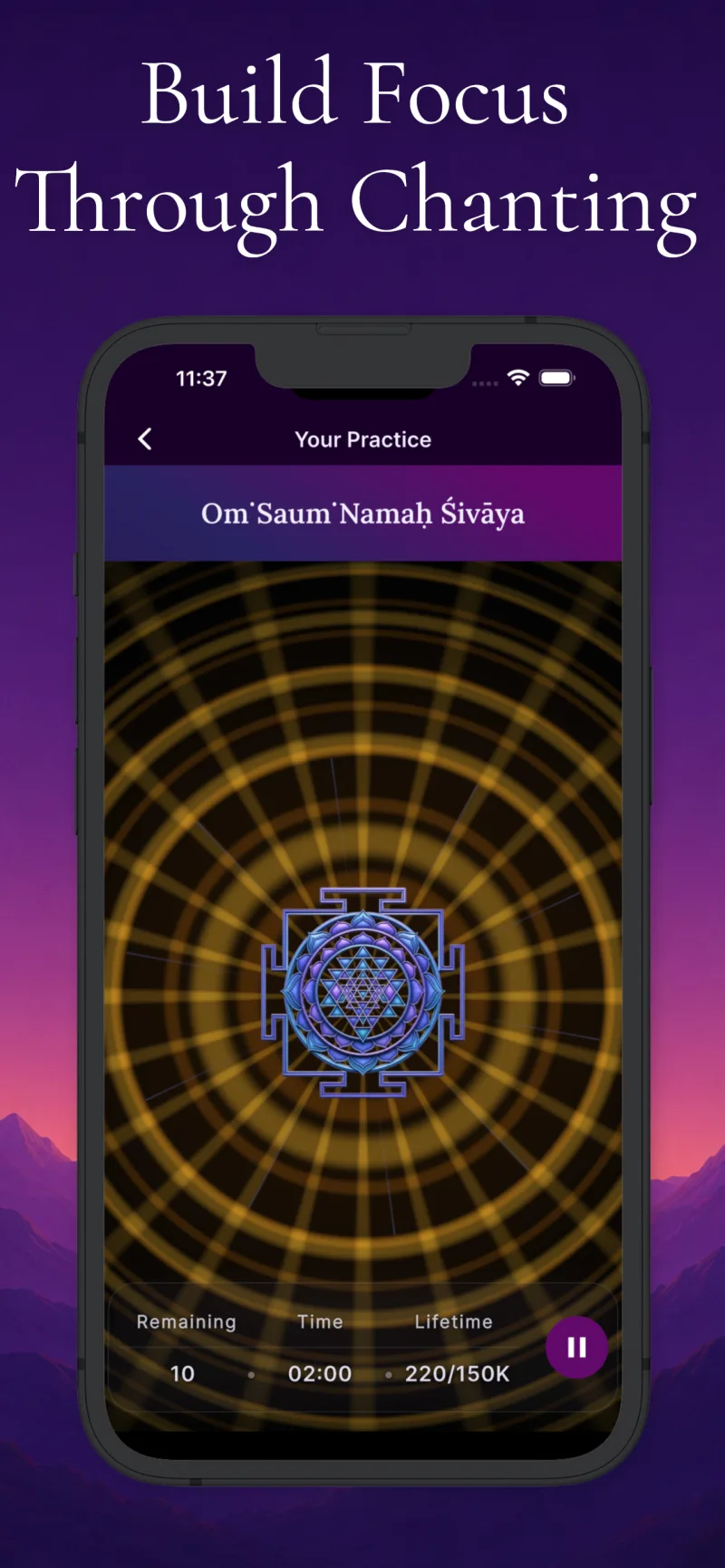 Mantra Yoga chanting practice screen with a Sri Yantra
